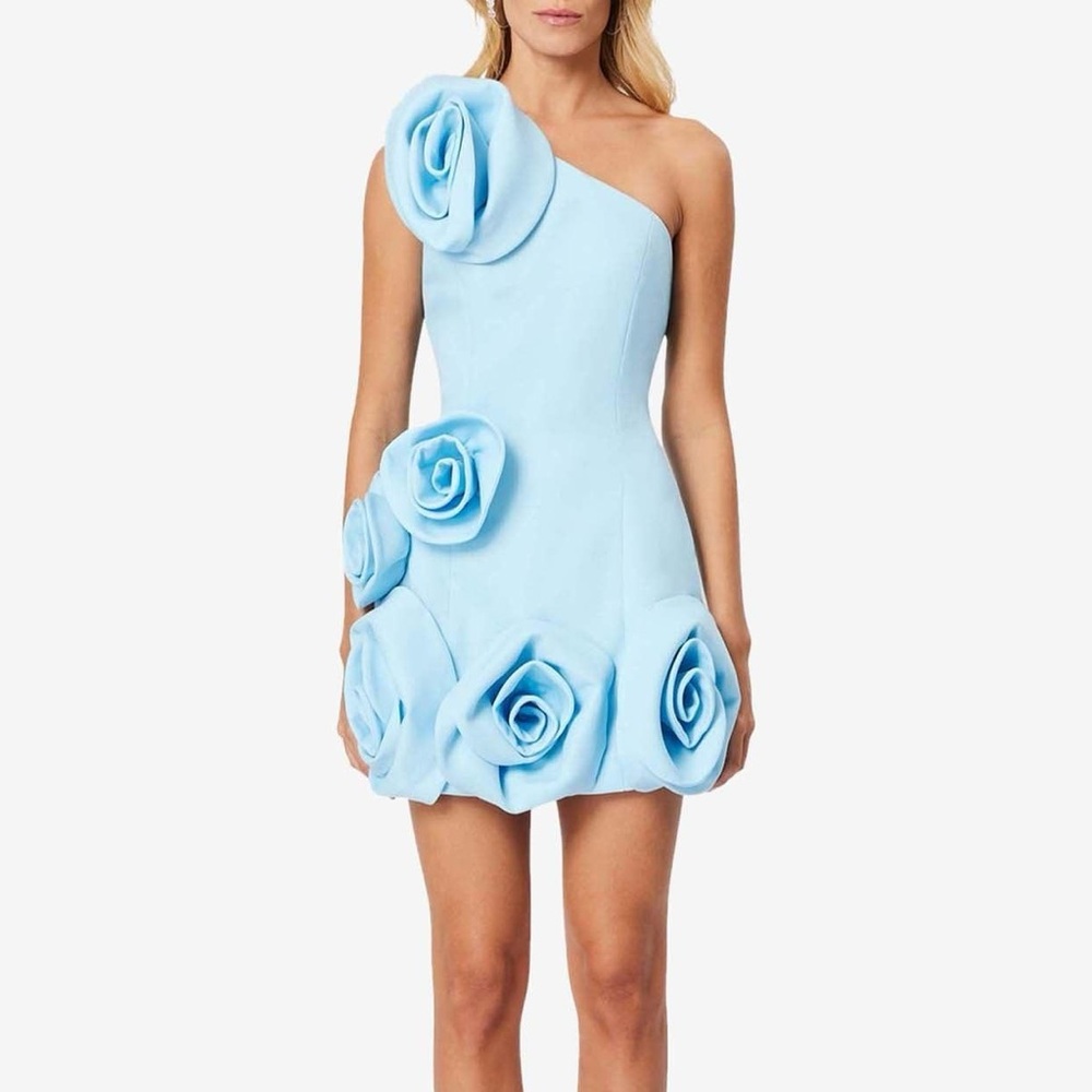 Elliatt One-Shoulder Mini Dress with 3D Rose Appliqués in Light Blue